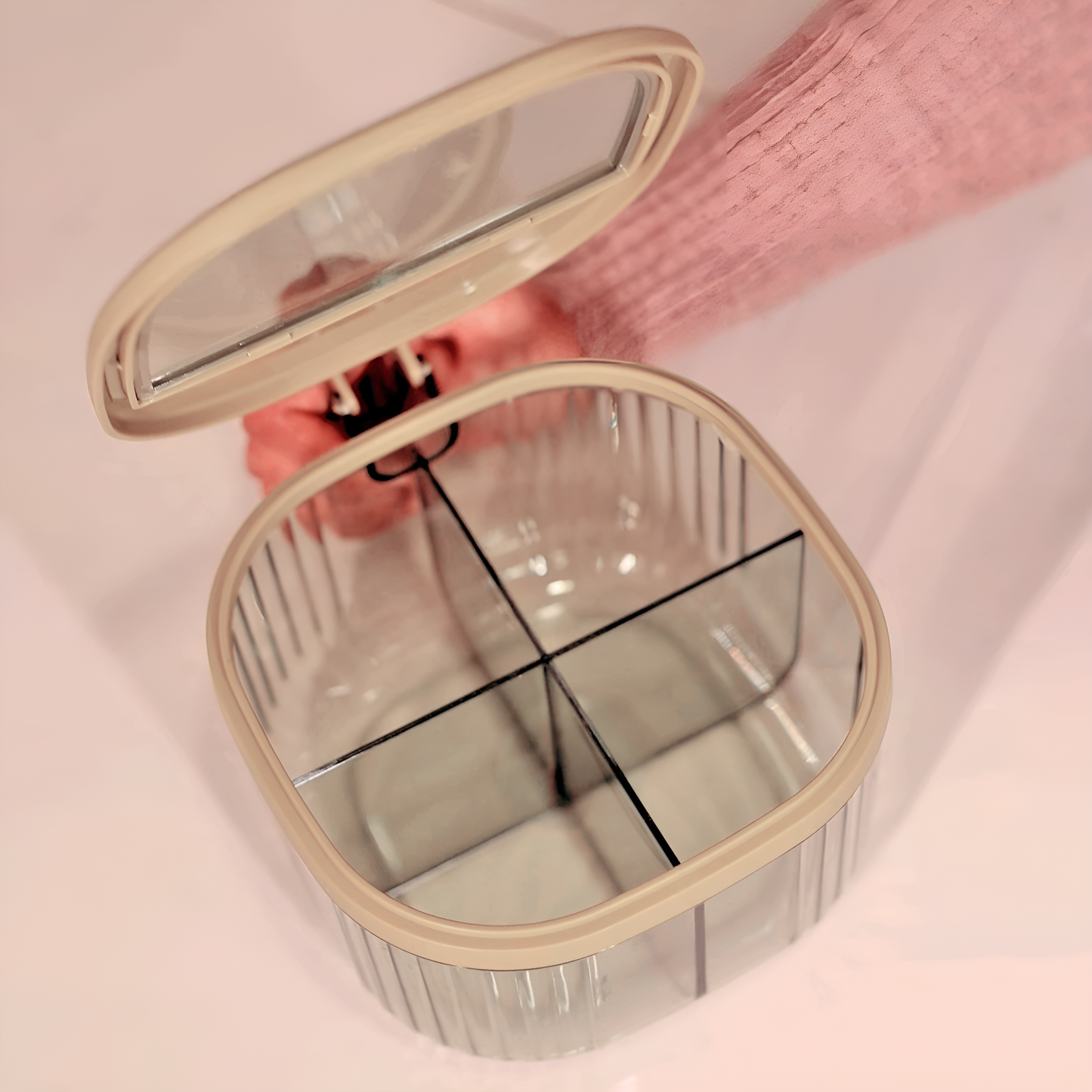 4-Compartment Plastic Spice Container Seasoning Box with Lid, Spoon, and Handle for Sugar, Nuts, Spices (Off White)
