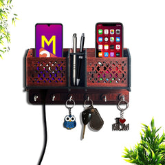 Decorative wooden holder | for mobiles, cards, & keys | 6 hook holder | wall hanging | easy to hang
