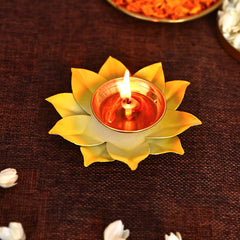 Yellow Lotus Shaped Diya Metal Diya for Home/ Temple/ Pooja Decoration (Set of 2)