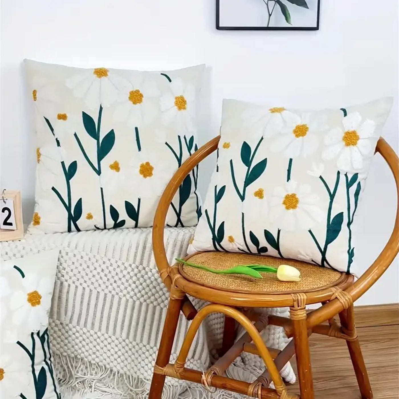 Cotton Cushion Cover | Knitted Throw Pillow Case 45 x 45 cm | Soft & Stylish (White Flower)