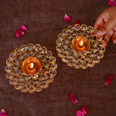 Small Crystal Akhand Diya Brass Oil Puja Lamp for Home and Office (Set of 2)