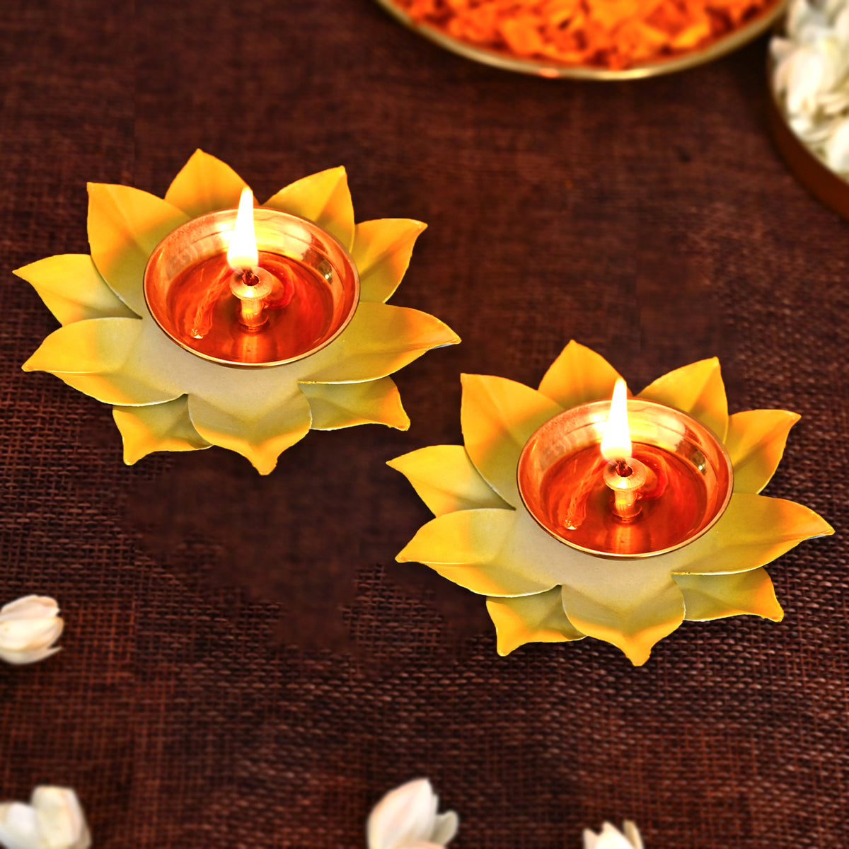 Yellow Lotus Shaped Diya Metal Diya for Home/ Temple/ Pooja Decoration (Set of 2)