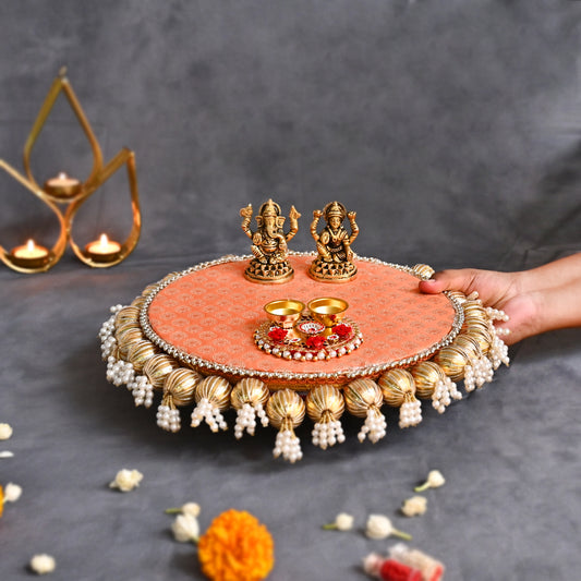 Designer Diwali Pooja Thali Gift Set with Brass Ganesh Laxmi Idol and  Roli Chawal platter  - Peach and Maroon