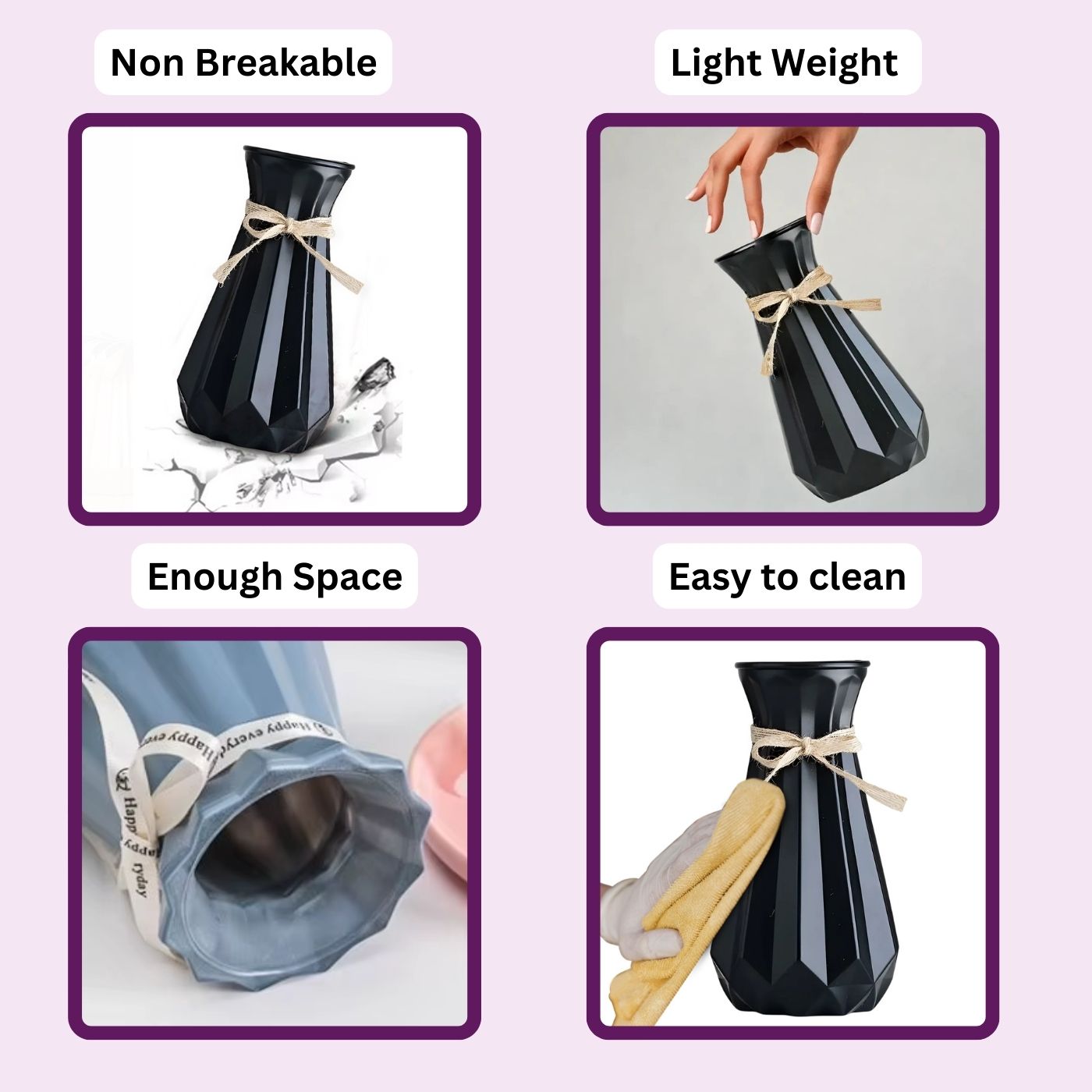 Plastic Flower Vases for Home Decor, Bedroom, Centrepiece Living Room, Office Decoration (Black)