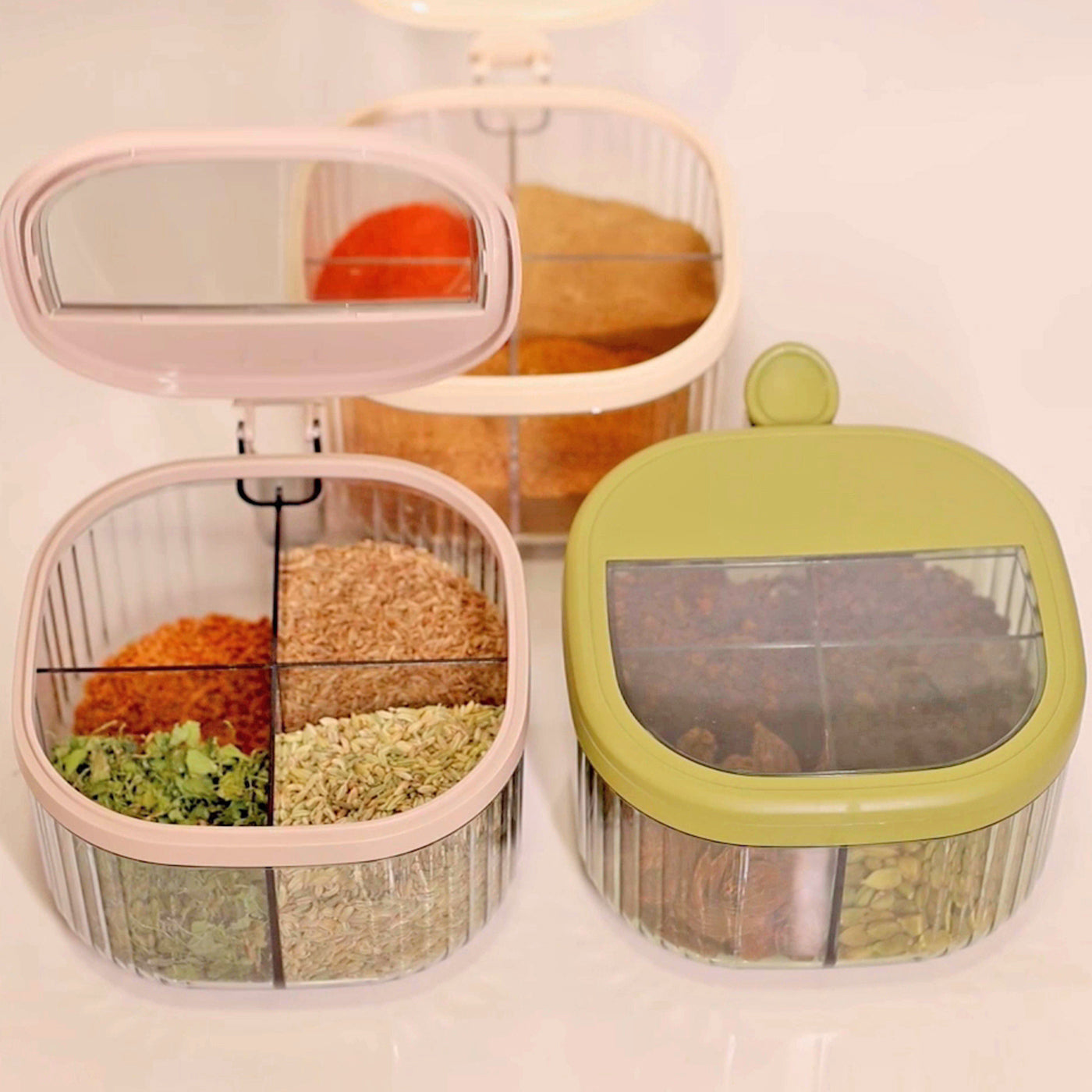 4-Compartment Plastic Spice Container Seasoning Box with Lid, Spoon, and Handle for Sugar, Nuts, Spices (Off White)