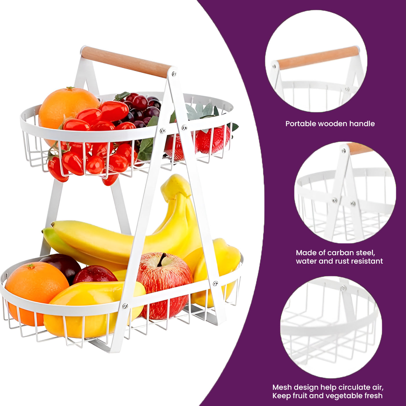 2-Tier Multifunctional Fruit Basket | Metal Fruit Holder Vegetable Basket for Kitchen Counter (White)