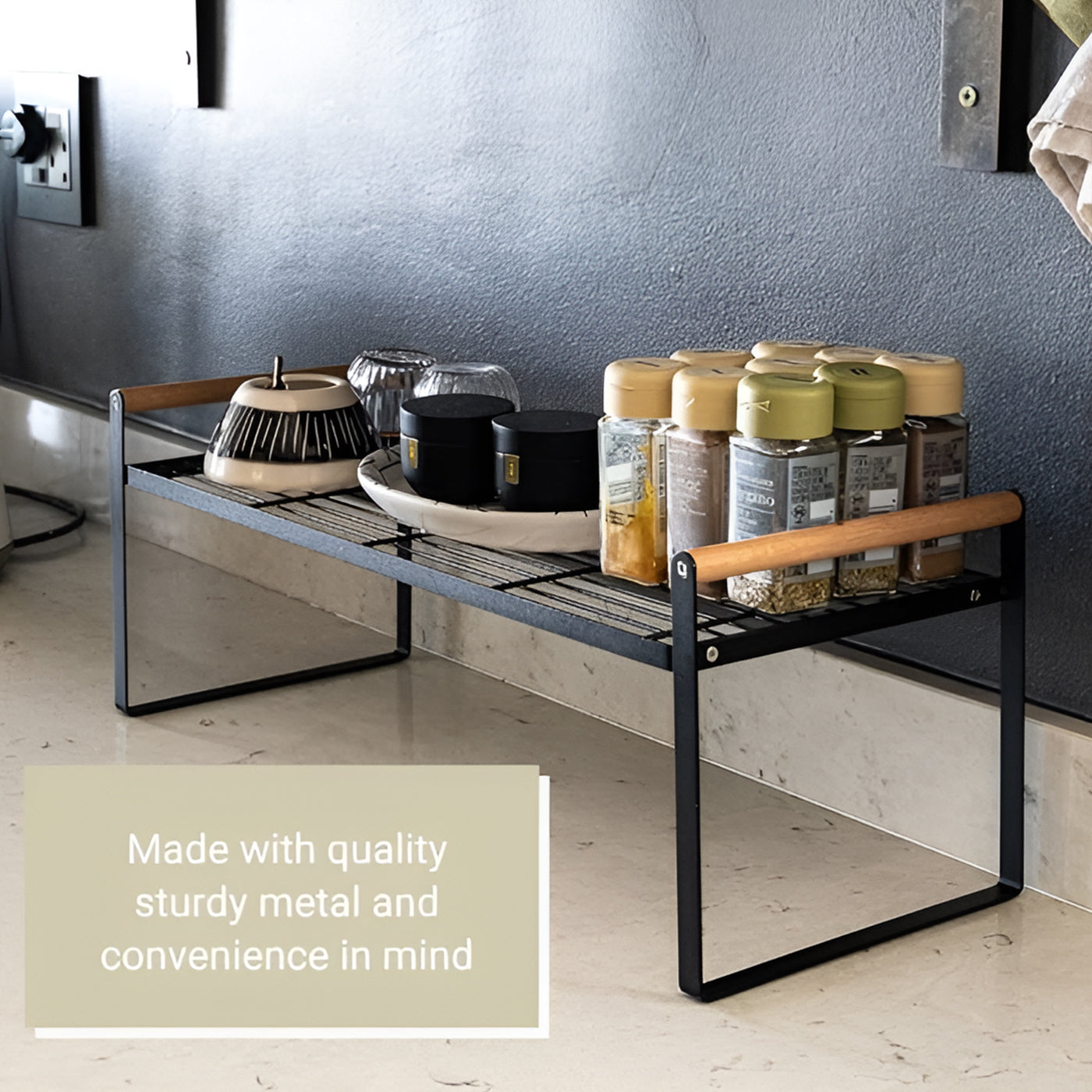 1 Tier Metal Cabinet Organizer Kitchen Storage Rack with Wooden Handles (Black)