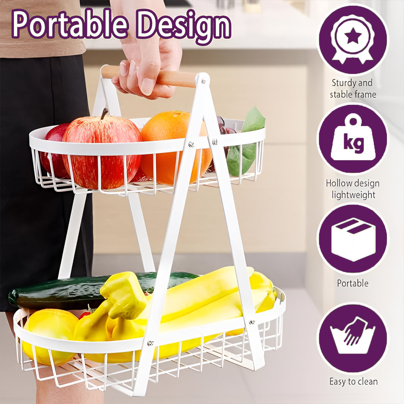 2-Tier Multifunctional Fruit Basket | Metal Fruit Holder Vegetable Basket for Kitchen Counter (White)