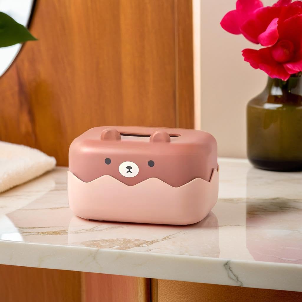 Tissue Paper Holder Box | Plastic Cute Teddy Tissue Box | Tissue Dispenser for Bathroom, Home, Living Room, Kitchen, Office, Car Napkin Holder (Brown)