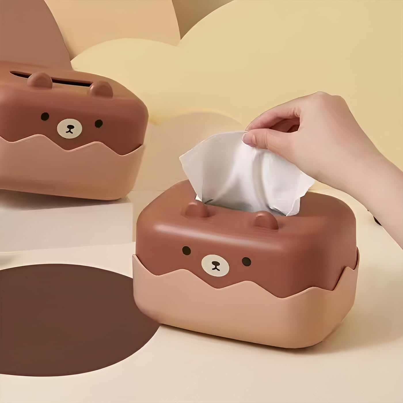 Tissue Paper Holder Box | Plastic Cute Teddy Tissue Box | Tissue Dispenser for Bathroom, Home, Living Room, Kitchen, Office, Car Napkin Holder (Brown)