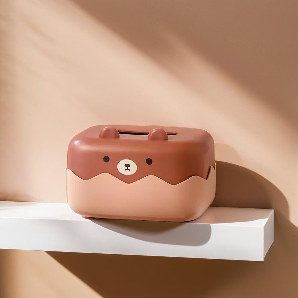 Tissue Paper Holder Box | Plastic Cute Teddy Tissue Box | Tissue Dispenser for Bathroom, Home, Living Room, Kitchen, Office, Car Napkin Holder (Brown)