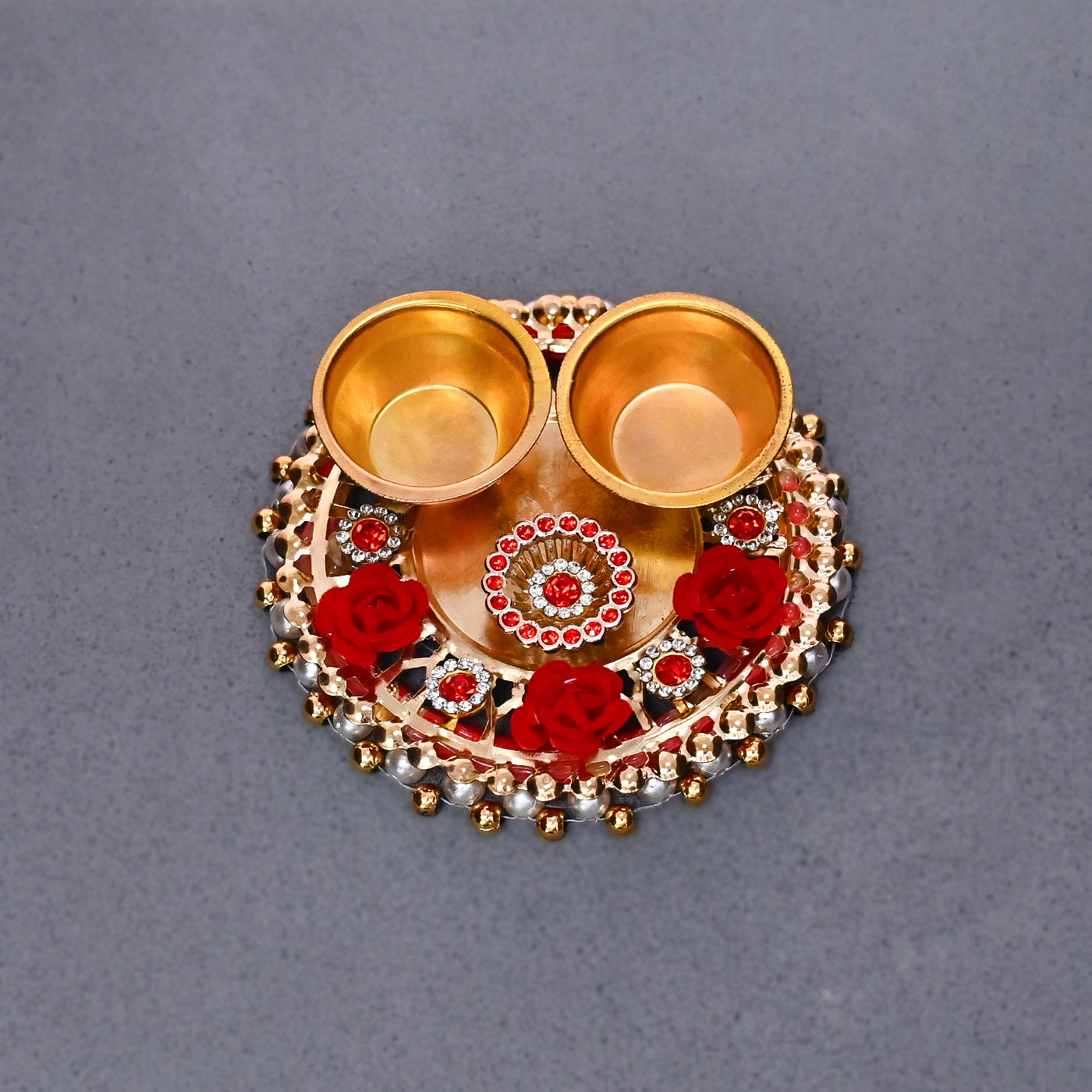 Diwali Pooja Thali with Brass Ganesh and Laxmi Idol and Roli, Chawal platter - Orange and Purple