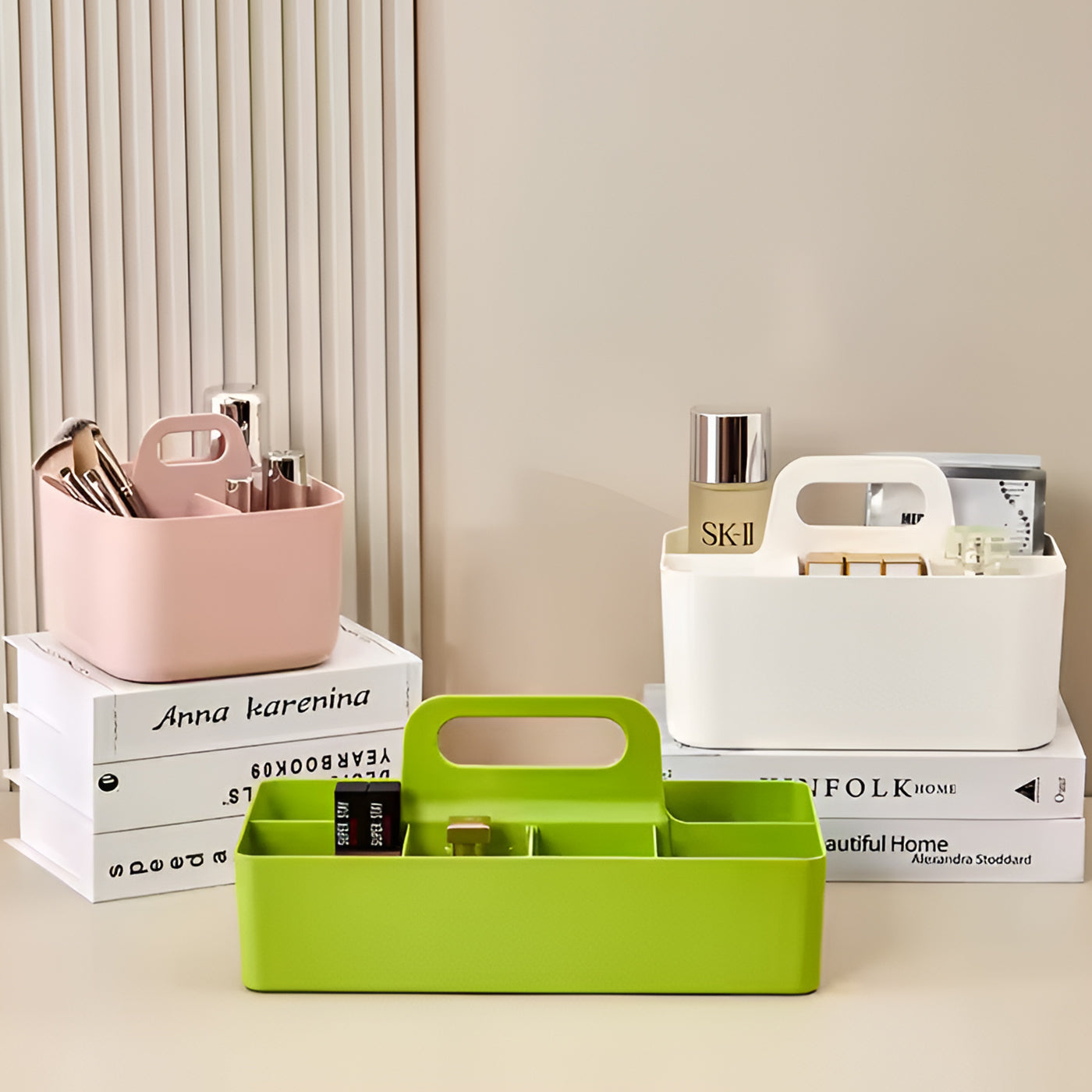 Multi-functional Plastic Desk and Bathroom Organizer 5 Compartments for Cosmetics, Pens, Pencils, and Toothpaste (White)