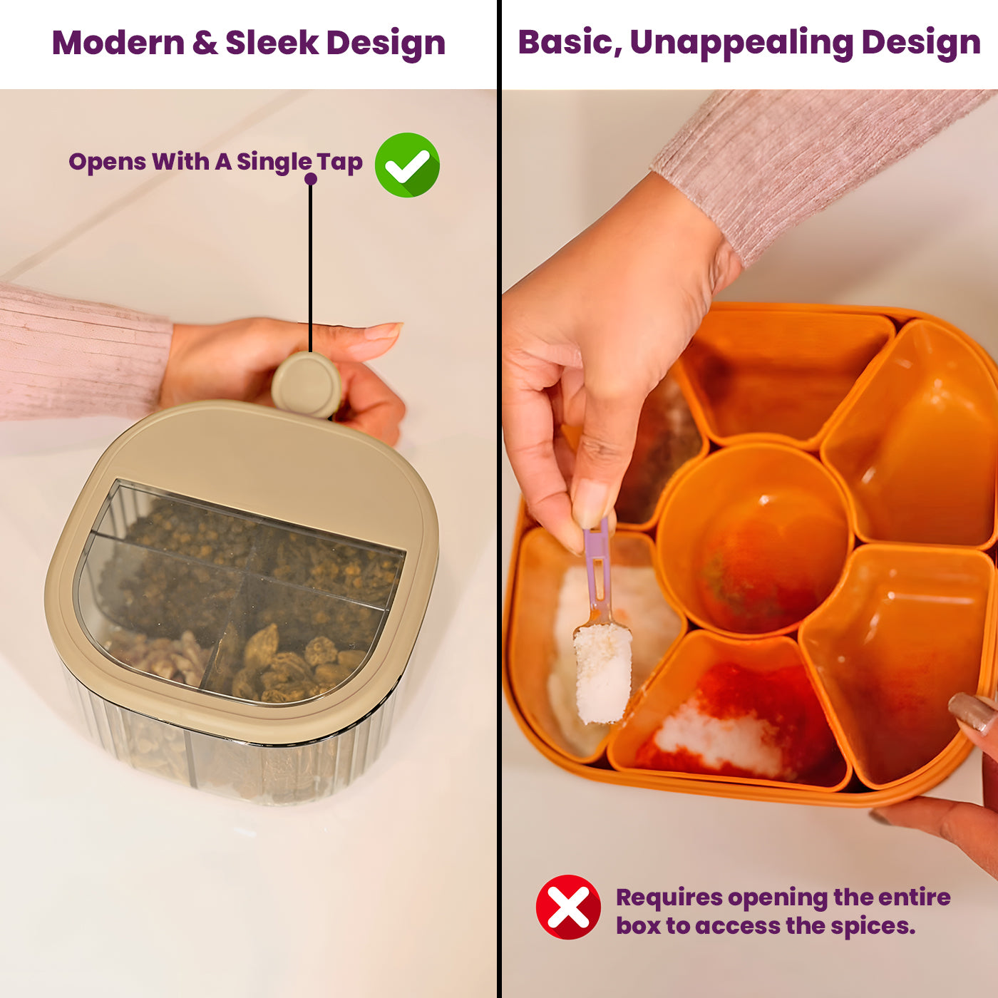 4-Compartment Plastic Spice Container Seasoning Box with Lid, Spoon, and Handle for Sugar, Nuts, Spices (Off White)