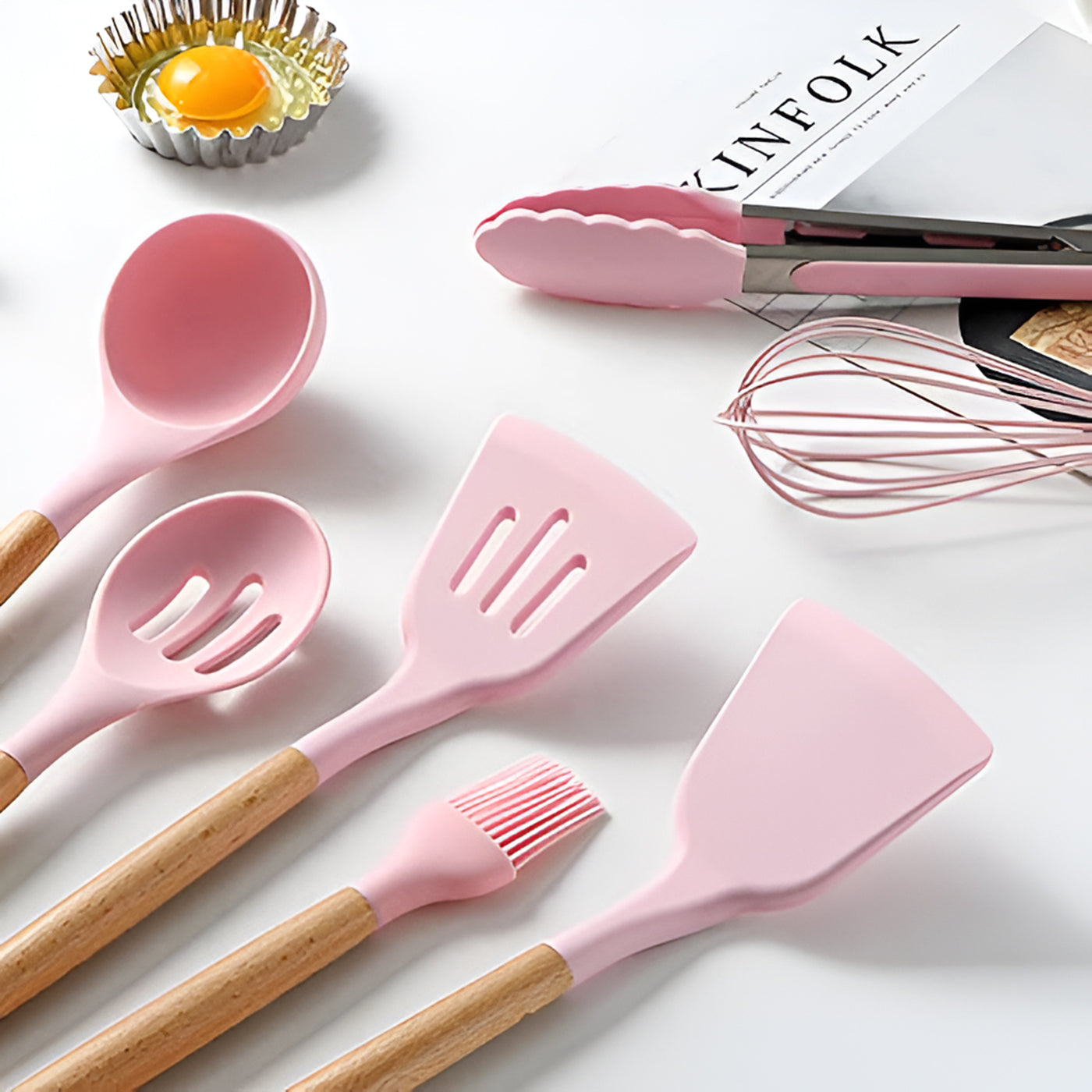 11-Piece Silicone Spatula Set | Heat-Resistant, Non-Stick & BPA-Free | Food-Grade Kitchen Utensils with Wooden Handle | Perfect for Cooking, Baking, Mixing & Serving (Pink)