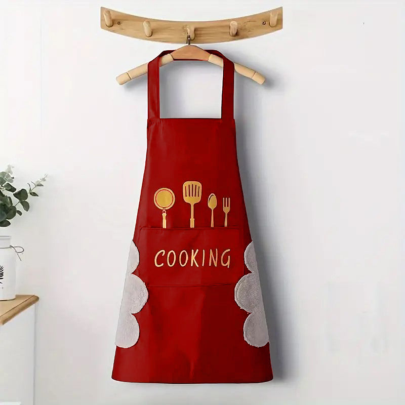Waterproof Cooking Apron | Unisex Adjustable Apron with Front Pocket and Neck Strap | Side Coral Velvet Hands Towel for Kitchen, Cooking, Restaurant