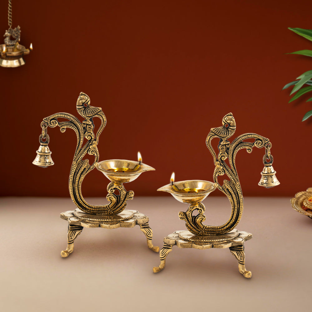 Brass Oil Peacock Diya with Bell