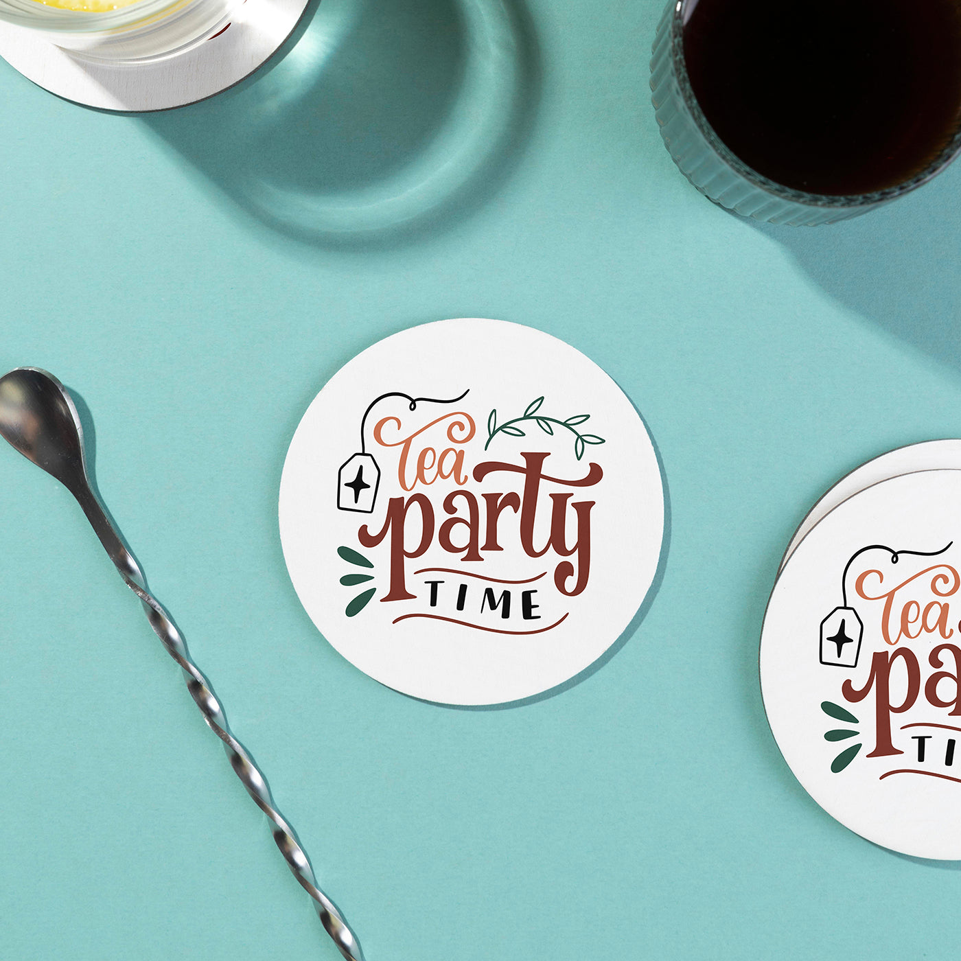 Set of 2 Tea Party Time Printed Coaster Cum Fridge Magnets For Tea Cups ,Coffee Mugs Gift For Mother