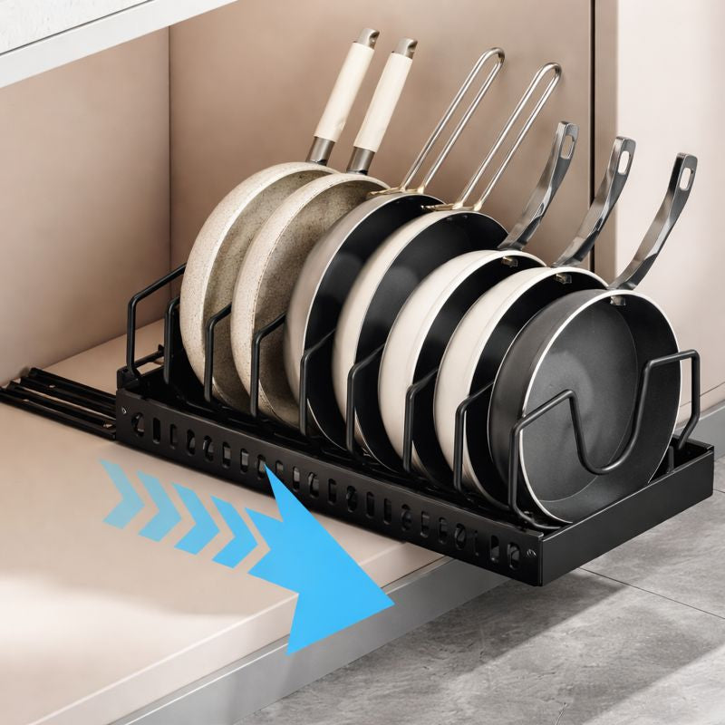 8-Tier Pot & Pan Rack Organizer | Adjustable Steel & ABS Lid Holder | Space-Saving Kitchen Storage (Pull-Out Pan & Pot Rack Organizer)