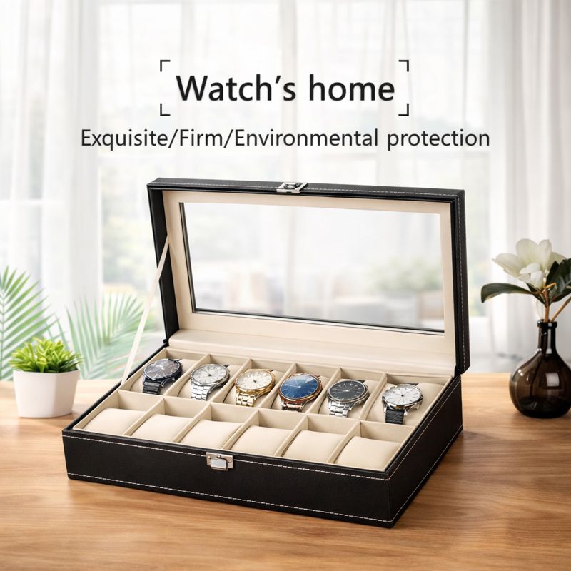 DecorTwist Premium Watch Storage Box Watch Case Organizer PU Leather, Velvet Interior, Transparent Lid (12 Slots)
