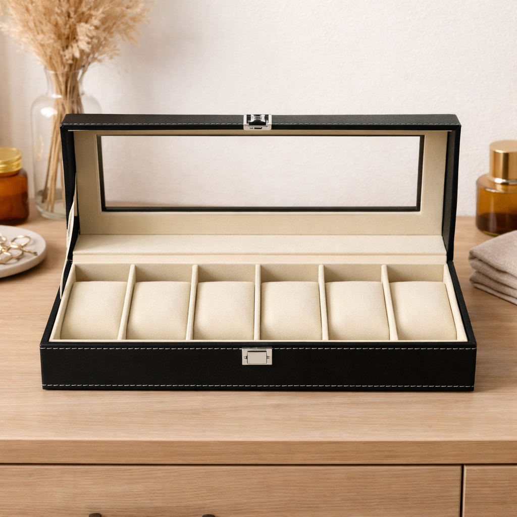 DecorTwist Premium Watch Storage Box Watch Case Organizer PU Leather, Velvet Interior, Transparent Lid (6 Slots)