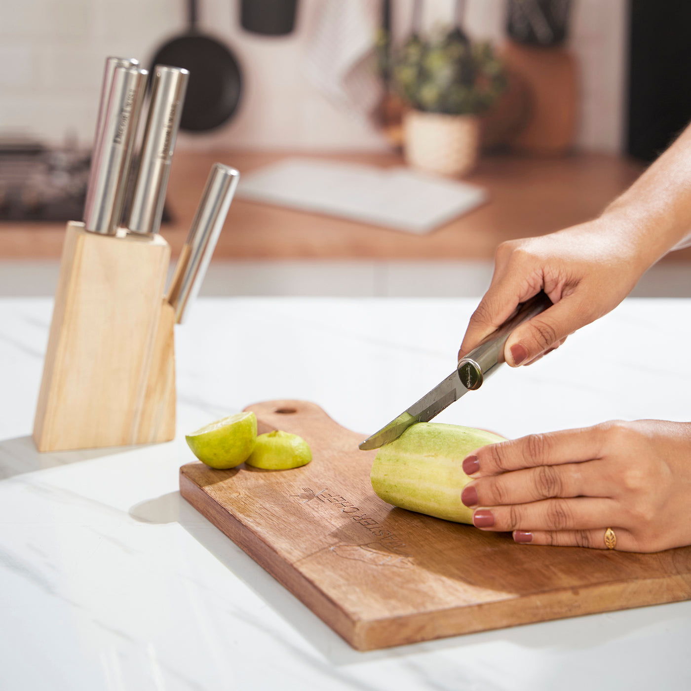 Knife Set with Wooden Stand for Kitchen High Carbon Blades and Wood Block Stainless Steel Kitchen Tools 5 Piece Knife Set for Chopping Slicing