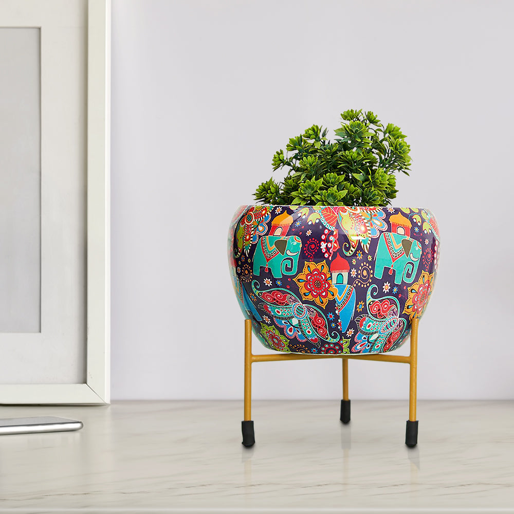 Elephant print Metal Planter with Stand Flower Pot for Living Room Bedroom Indoor Outdoor Pots for Plants Home Office Decor Garden Interior Balcony Decoration