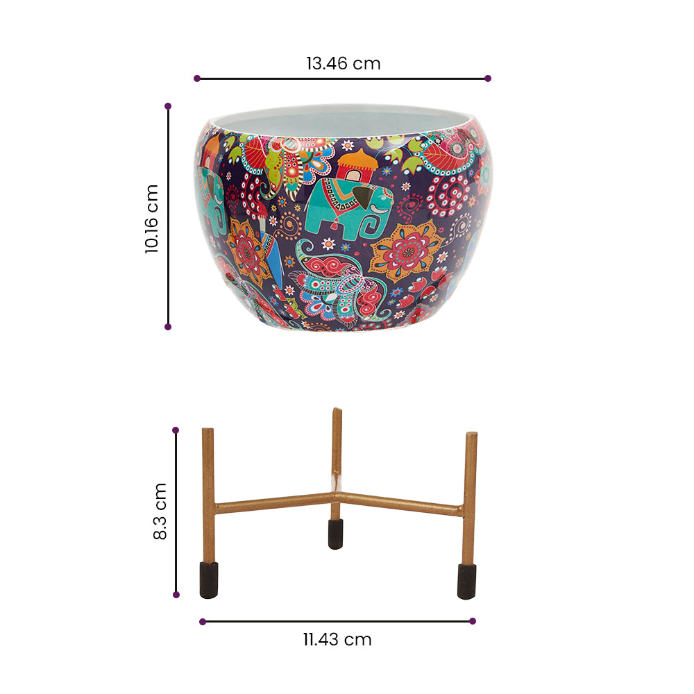 Elephant print Metal Planter with Stand Flower Pot for Living Room Bedroom Indoor Outdoor Pots for Plants Home Office Decor Garden Interior Balcony Decoration