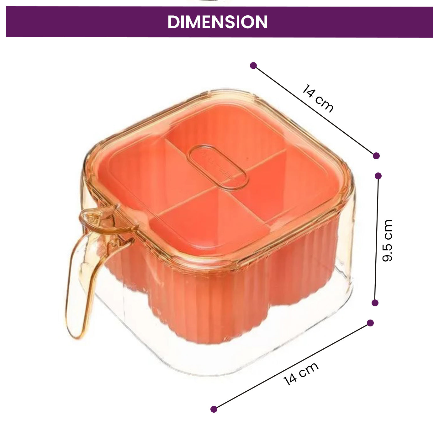 4-Compartment Plastic Spice Container Seasoning Box with Lid, Spoon, and Handle for Sugar, Nuts, Spices (Orange)