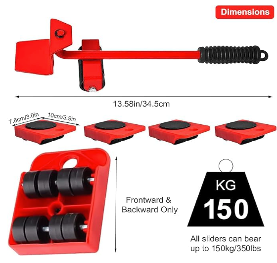 Furniture Lifter & Mover Tool Set with 360° Wheel Pads – Heavy Duty Home Shifting Tool for Sofa, Bed, Fridge & Washing Machine