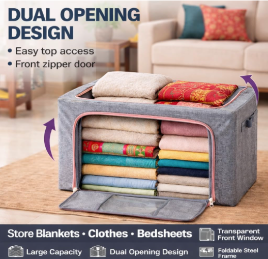 DecorTwist Cloth Storage Organiser Box with Zipper Window | Foldable Wardrobe Storage | Dustproof & Stackable