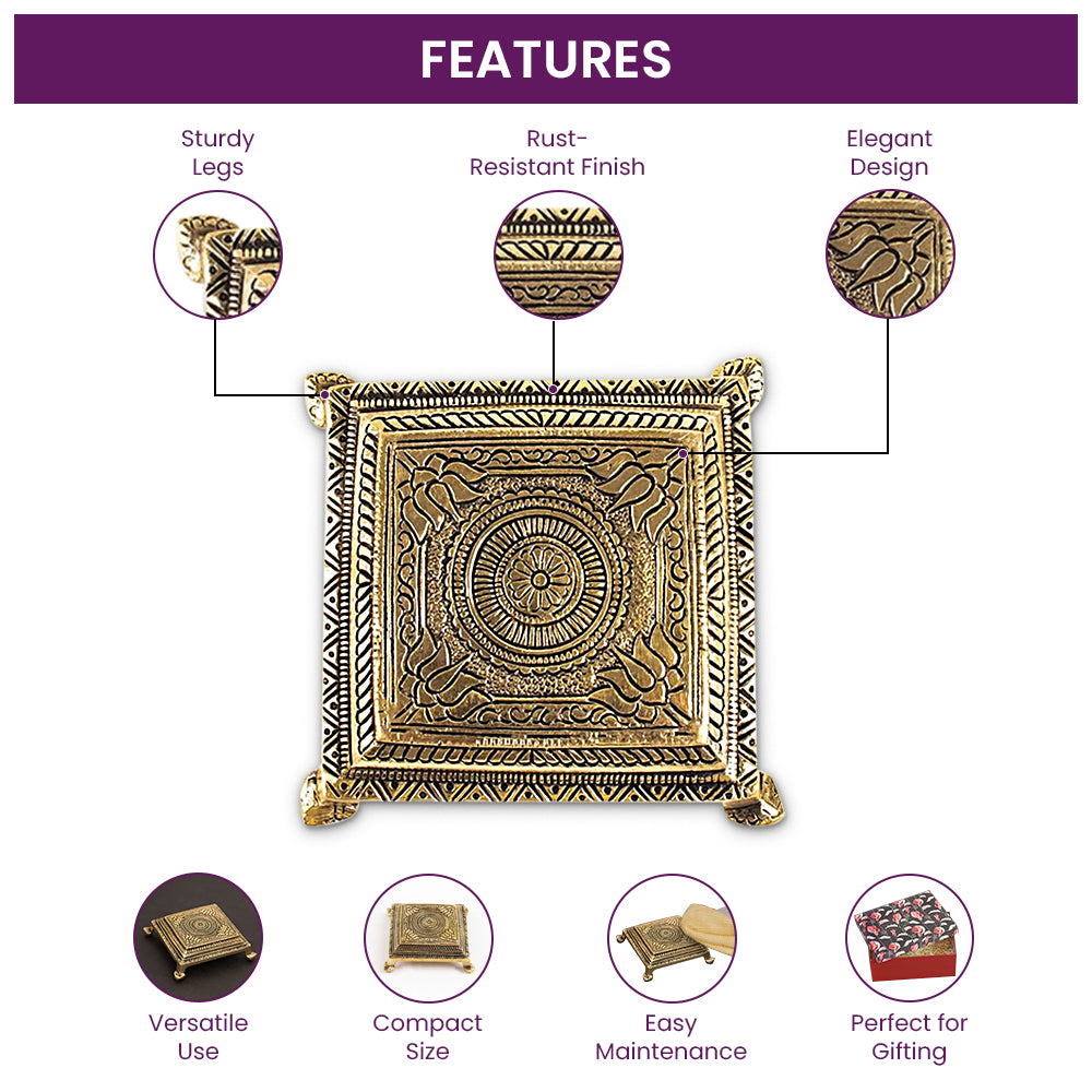 Brass Superfine Square Traditional Pooja Chowki/Stool/Stand - Small
