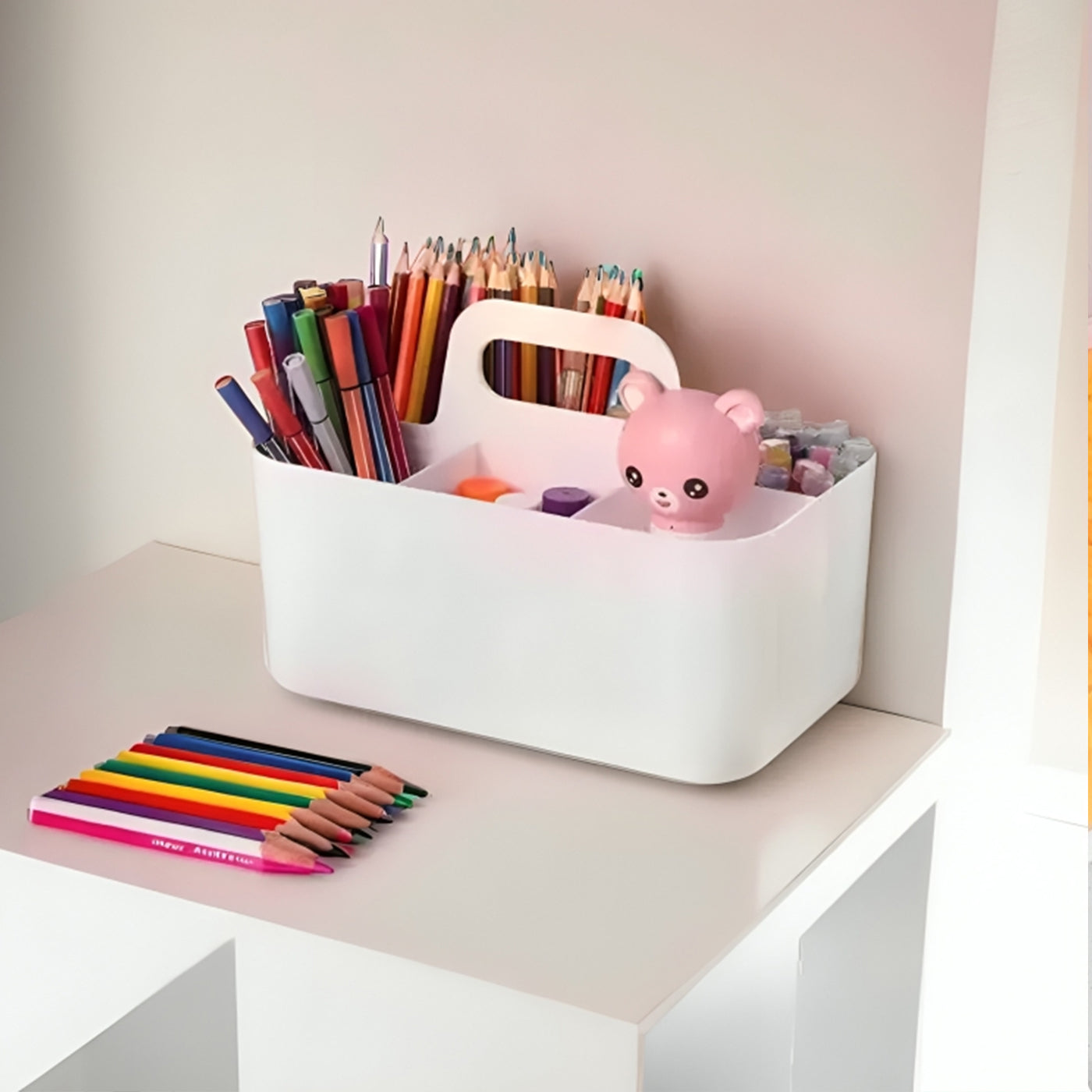 Multi-functional Plastic Desk and Bathroom Organizer 5 Compartments for Cosmetics, Pens, Pencils, and Toothpaste (White)