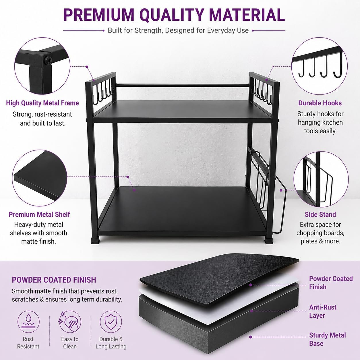 DecorTwist Microwave Stand for Kitchen Platform, Oven Stand with 8 Hooks & Chopping Board Holder, Heavy Duty Metal Storage Rack for Microwave, OTG & Air Fryer, Rust Resistant, Black