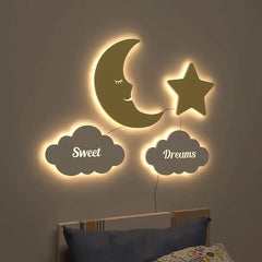Sweet Dreams Moon & Star Wall Lamp Wooden Creative Wall Decorative Backlit Wall Hanging Kids room décor Light for Home and Office Décor