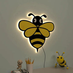 Honey Bee Wall Lamp Wooden Creative Wall Decorative Backlit Wall Hanging Kids room décor Light for Home and Office Décor