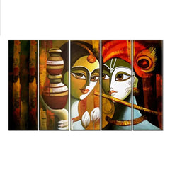 radha krishna five panel canvas wall painting
