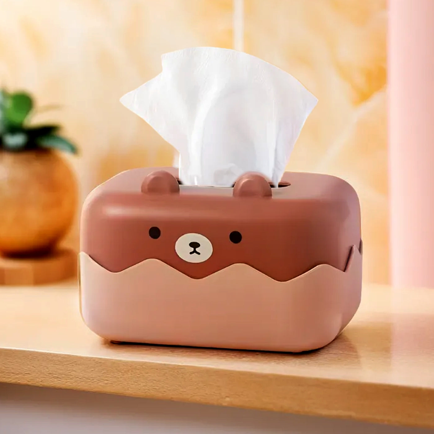 Tissue Paper Holder Box | Plastic Cute Teddy Tissue Box | Tissue Dispenser for Bathroom, Home, Living Room, Kitchen, Office, Car Napkin Holder (Brown)