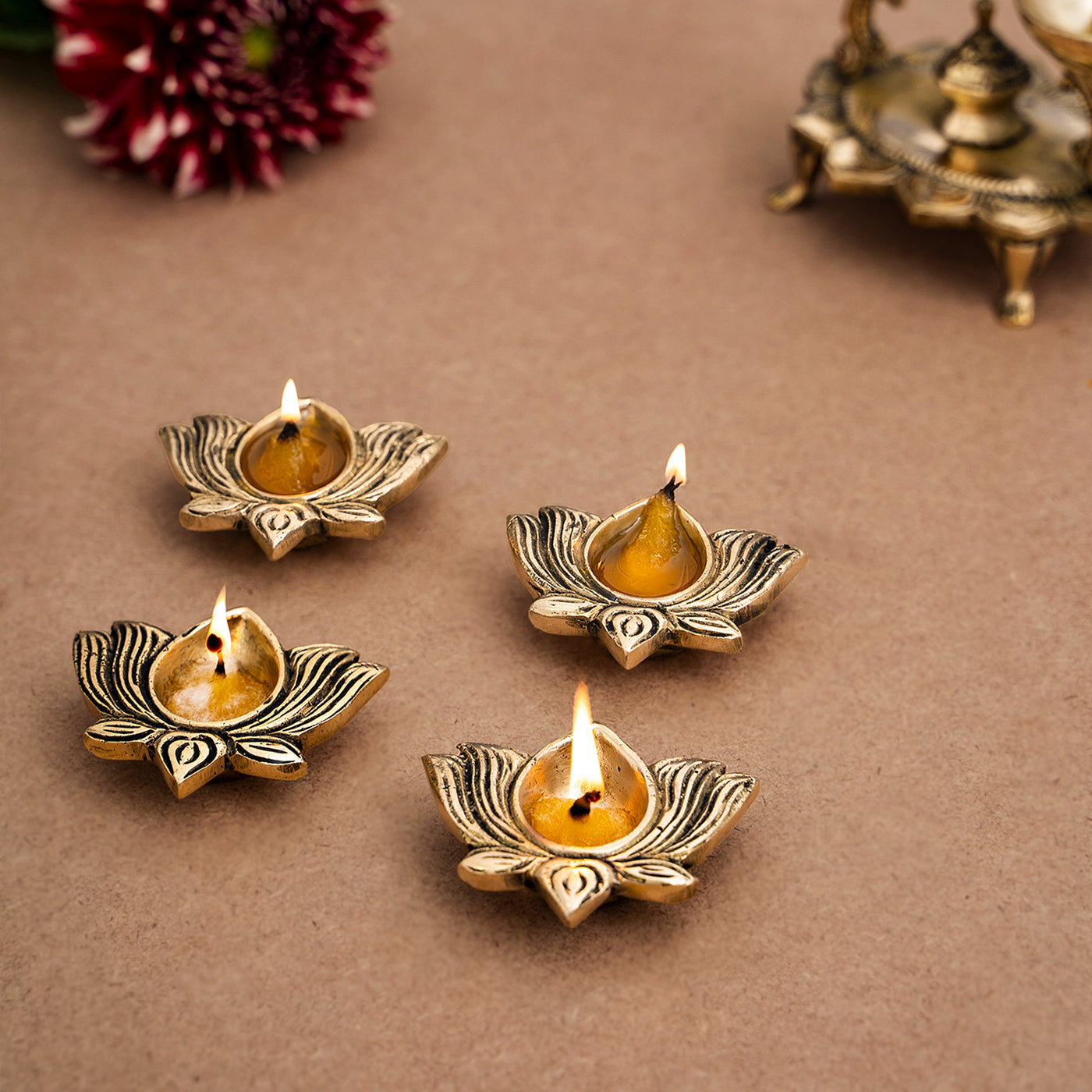 Brass Lotus Diya Set of 2 With Gift Box