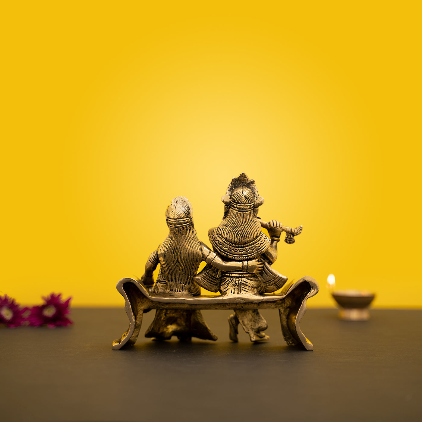 Brass Handcrafted Radha Krishna Sitting Idol/Statue With Flute