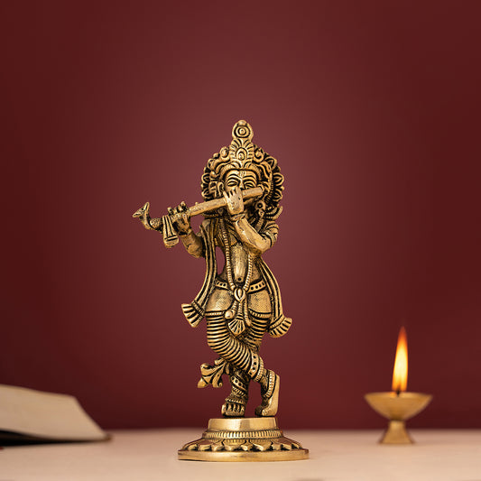 Brass Handcrafted Lord Krishna with Flute Idol Statue
