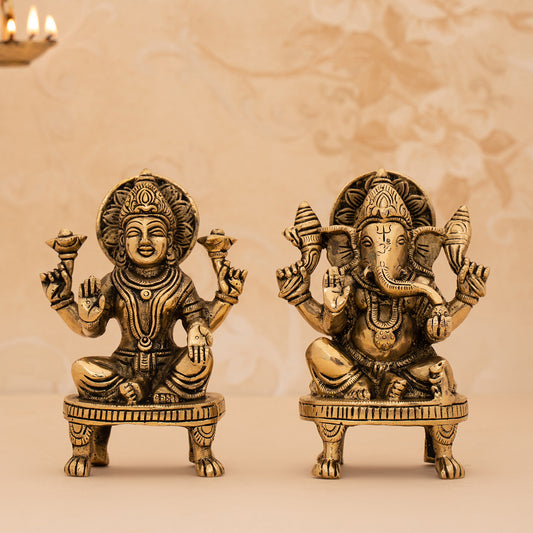 Brass Handcrafted Ganesh And Lakshmi Idol/Statue Set