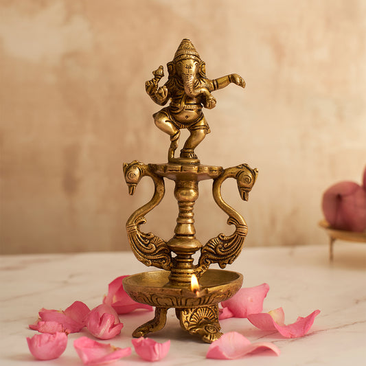 Brass Dancing Ganesha Peacock Diya