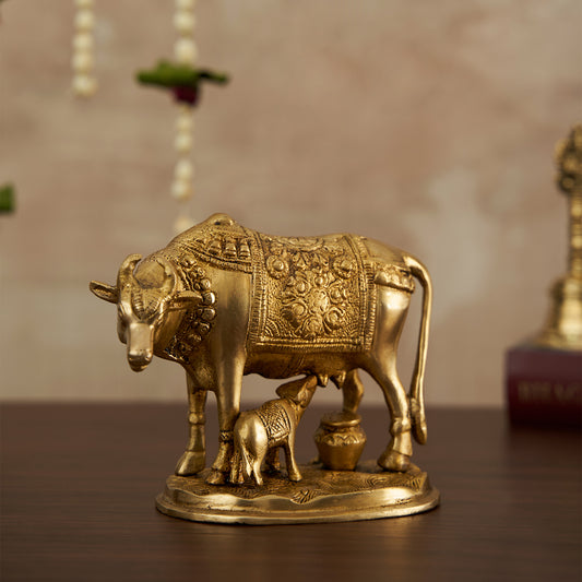 Brass Kamdhenu Cow and Calf Idol Figurine Home Decor Showpiece