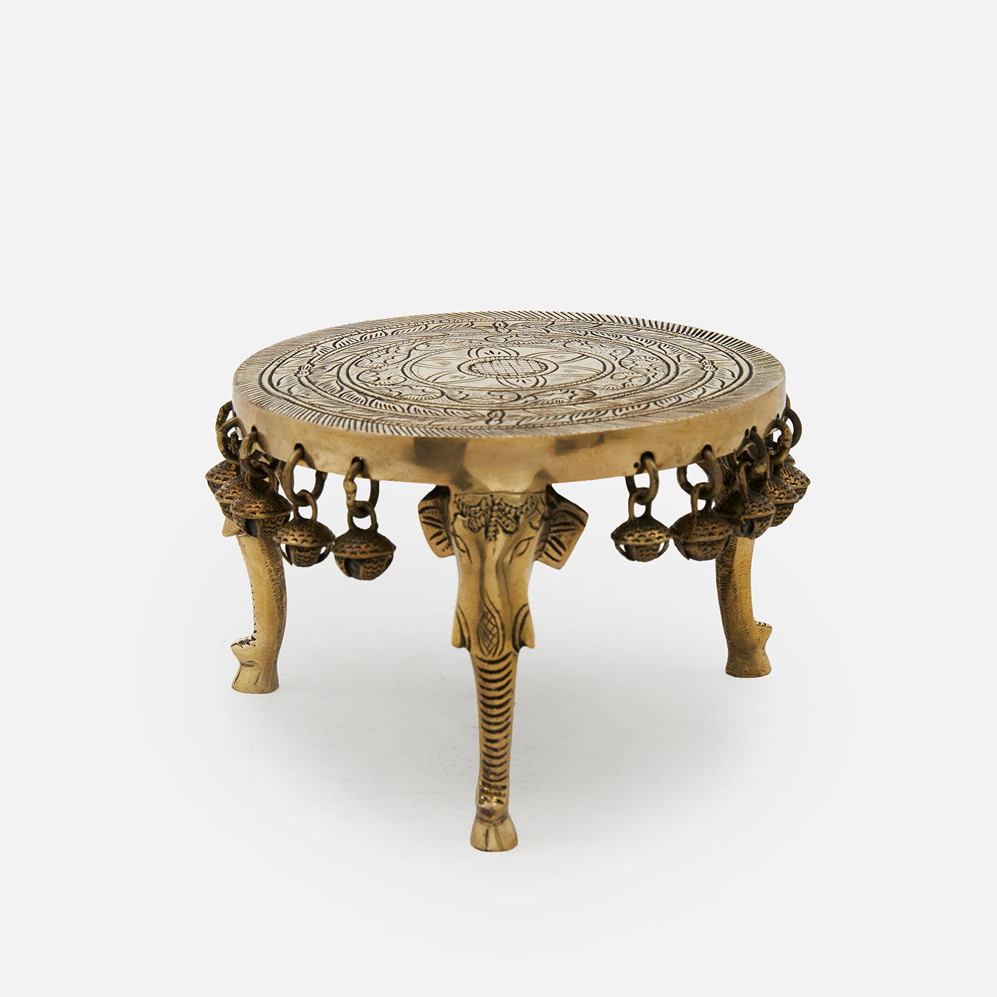 Brass Elephant Pillar Design Pooja Chowki With Bells