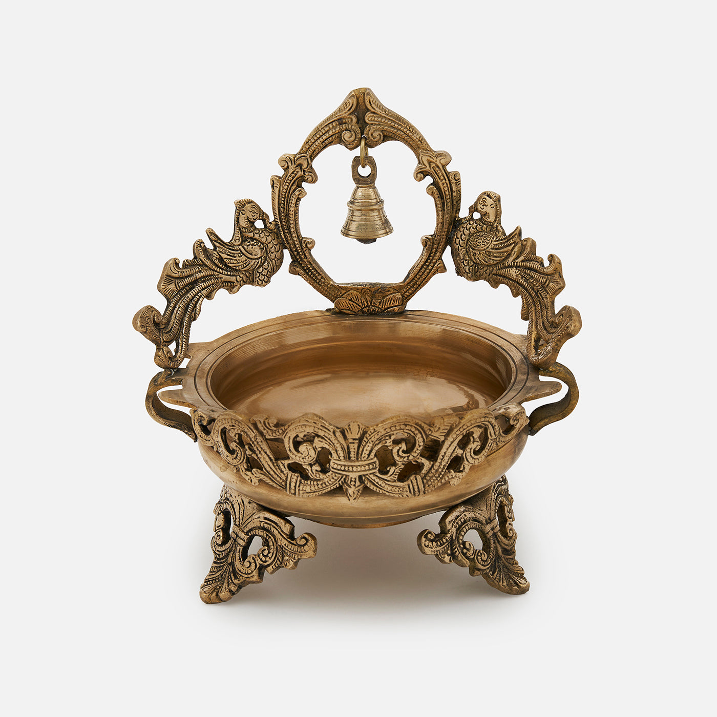 Ethnic Carved Traditional Decorative Brass Bird Urli Bowl with Bell