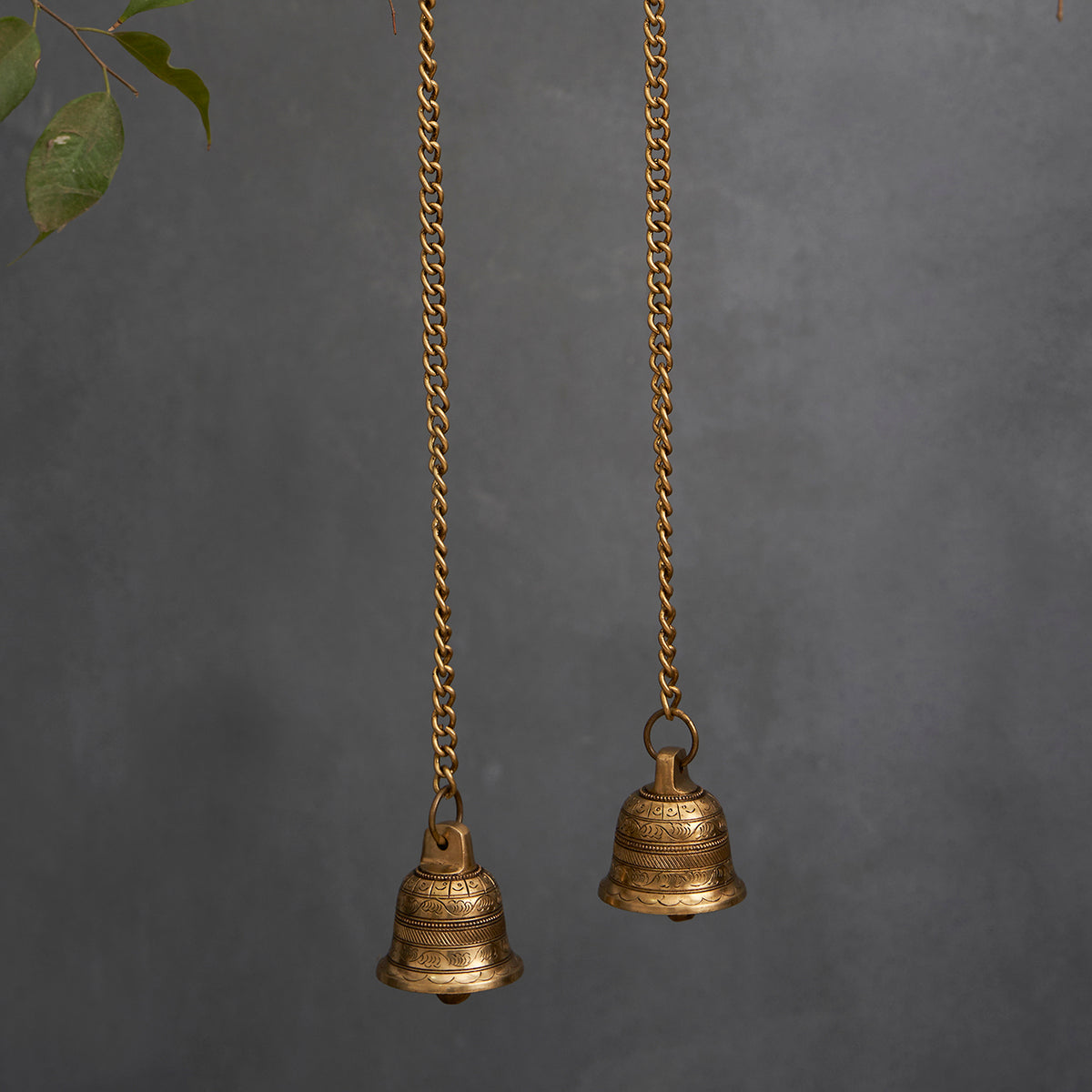 Brass Antique Hanging Bell For Wall Door Mandir Temple Pooja (Set of 2)