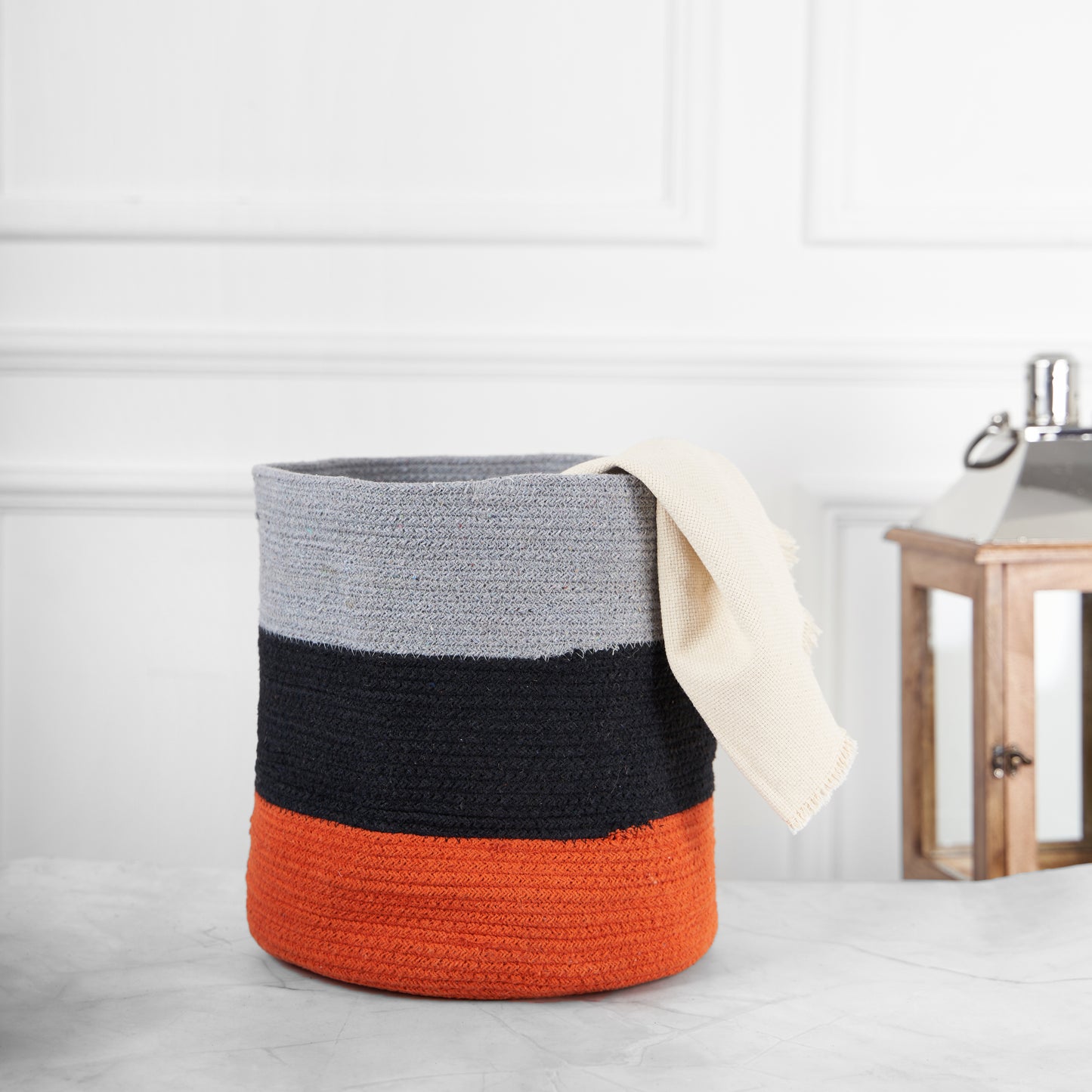 Designer Braided Cotton Planter/Basket Grey, Black & Orange