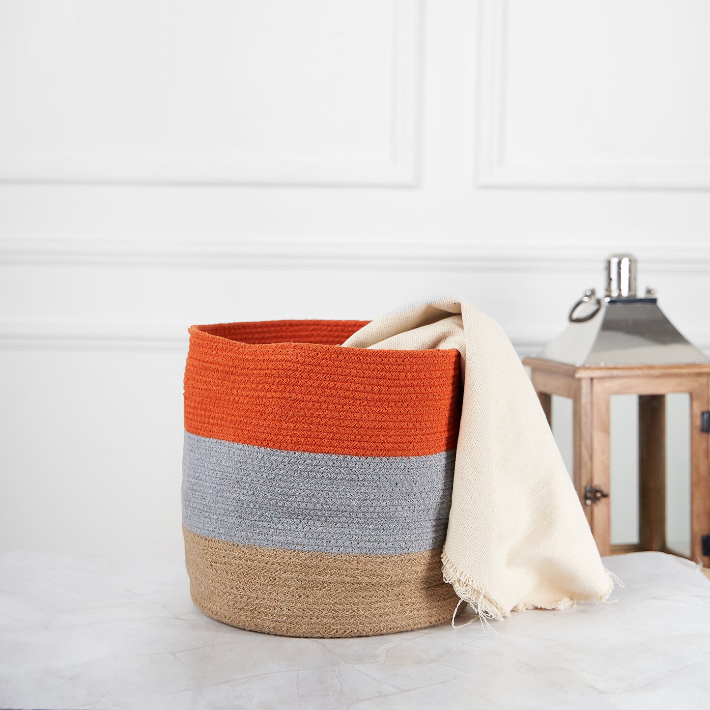 Designer Braided Cotton Planter/Basket Orange, Grey & Beige