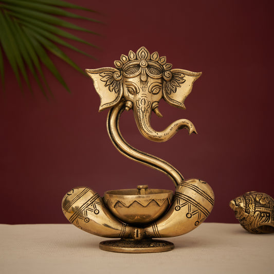 Brass Modern Ganesha Idol With Akhand Diya